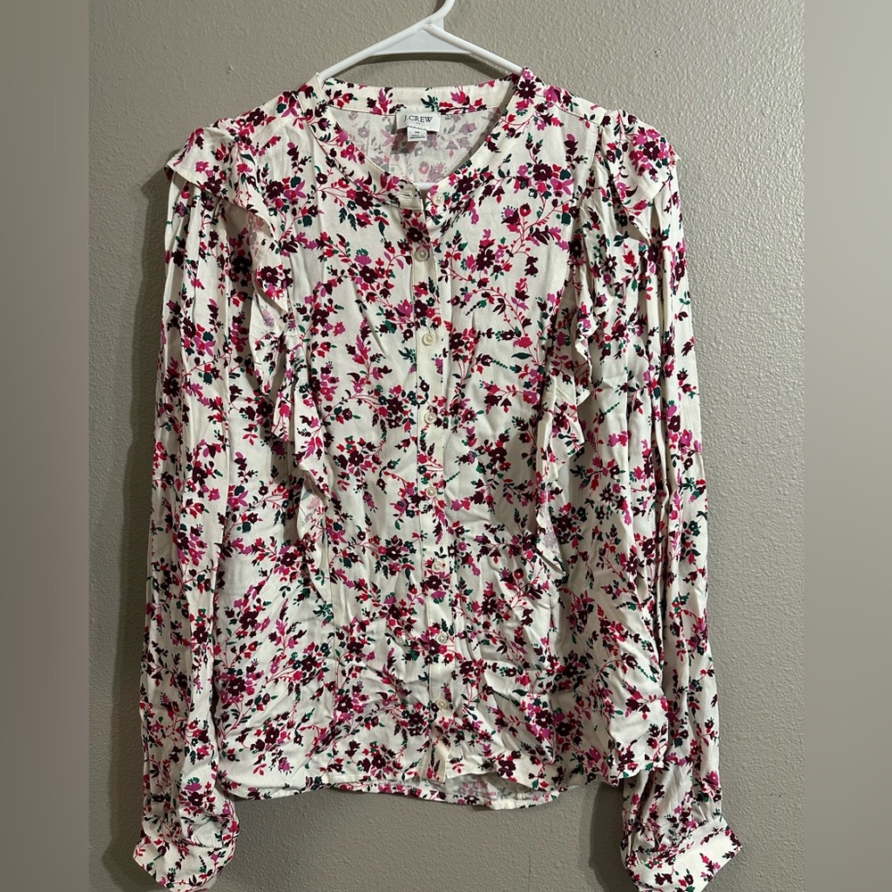 J. Crew Floral Ruffle Blouse - Pink and White